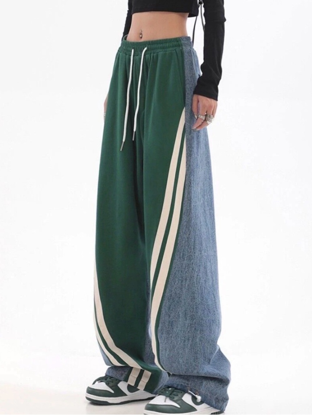 Two-Tone Wide Leg Track Pants in Forest Green & Denim Drawstring Waist & Hem - M